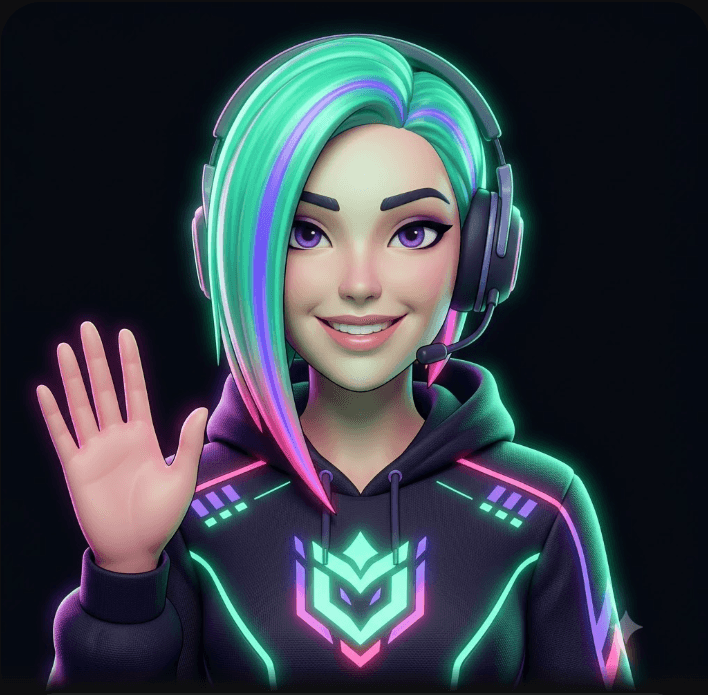 Vega, the digital host of Vega News: mint hair, violet eyes, a gaming headset and a dark hoodie with a glowing guild emblem.